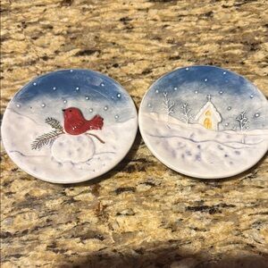 Holiday Ceramic Plates with Red and Blue Design 4.6 inches